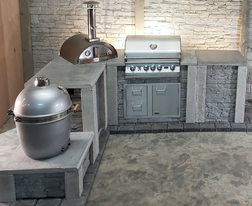 Stone Kitchen L- Shape + Pizza Oven + Kamado