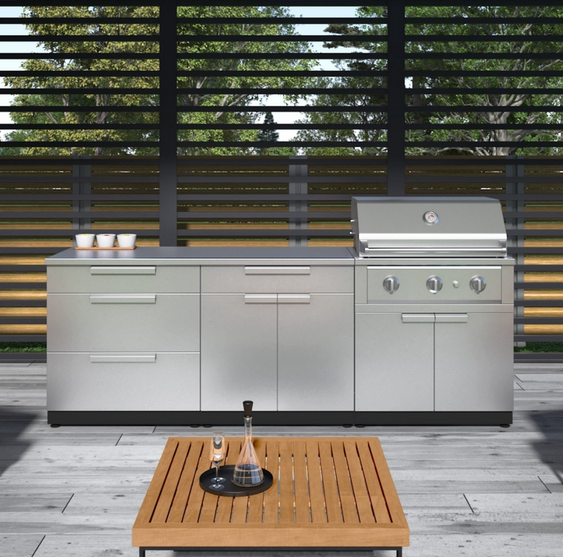 Outdoor Kitchen Stainless-Steel 5 Piece Cabinet Set with 3-Drawer, Bar, Grill Cabinet, Performance Grill and Countertop