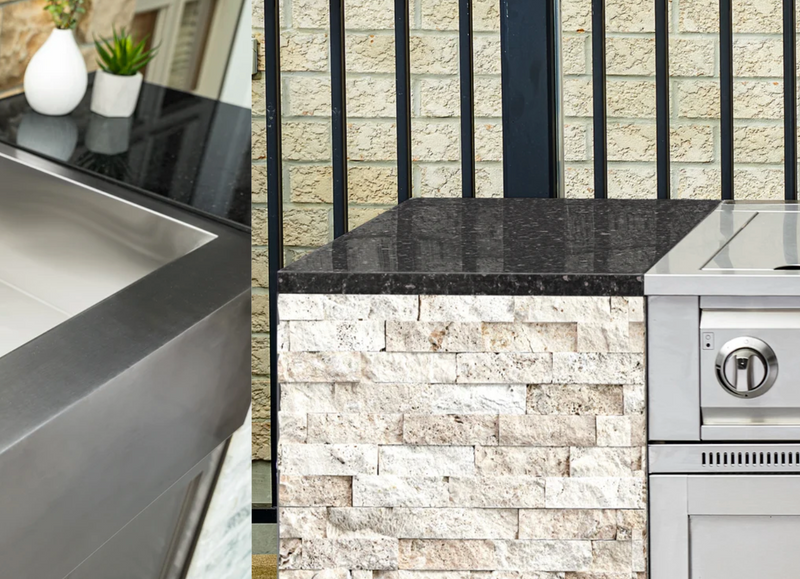 Outdoor Kitchen Signature Series 8 Piece Cabinet Set with 3 Drawer, 1 Door, Kamado and Platinum Grill - Granite top