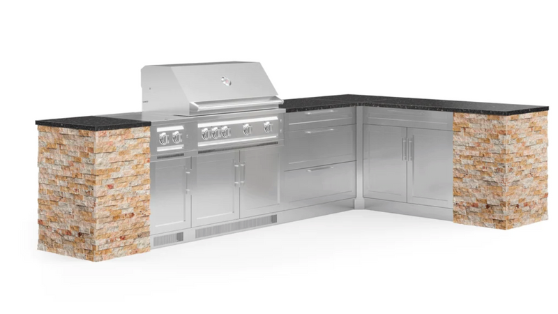 Outdoor Kitchen Signature Series 11 Piece L Shape Cabinet Set with Grill, Dual Side Burner, 3 Drawer and Bar Cabinet