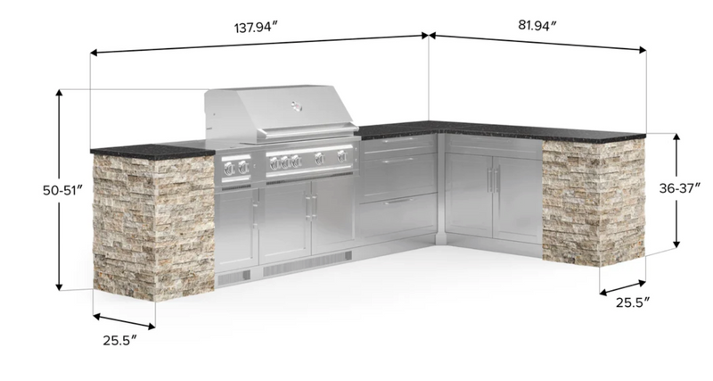Outdoor Kitchen Signature Series 11 Piece L Shape Cabinet Set with Grill, Dual Side Burner, 3 Drawer and Bar Cabinet