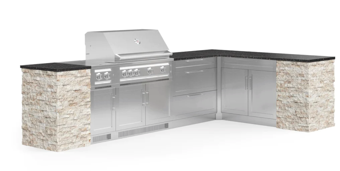 Outdoor Kitchen Signature Series 11 Piece L Shape Cabinet Set with Grill, Dual Side Burner, 3 Drawer and Bar Cabinet