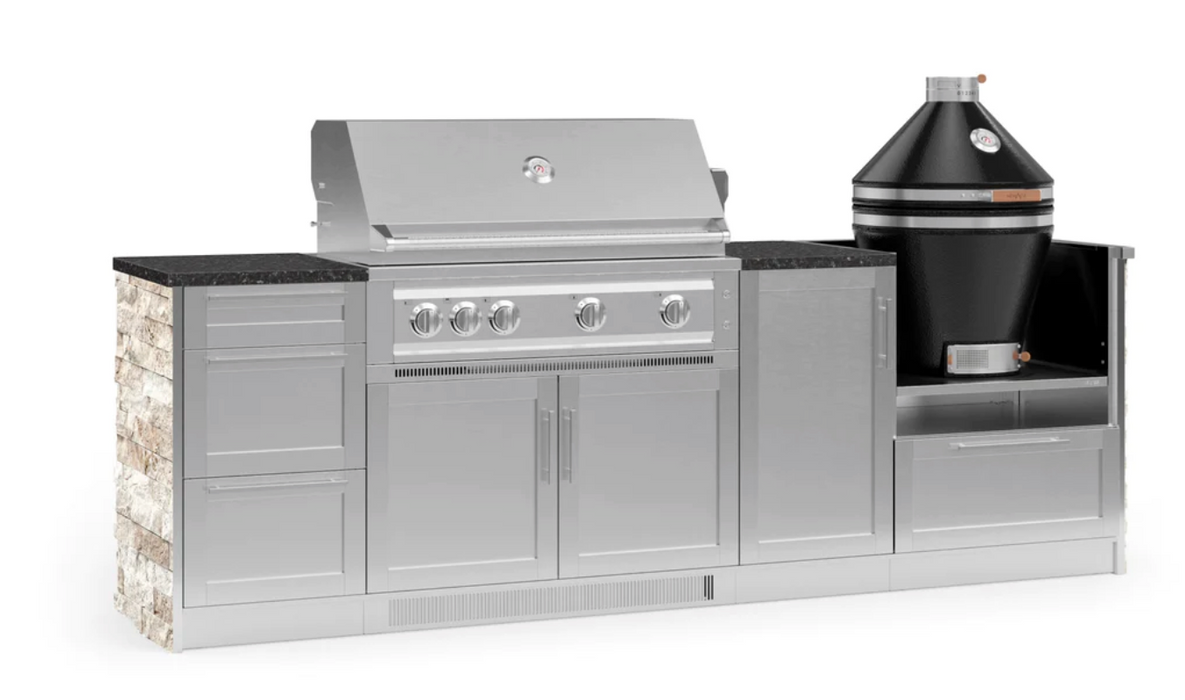 Outdoor Kitchen Signature Series 8 Piece Cabinet Set with 3 Drawer, 1 Door, Kamado and Platinum Grill - Granite top