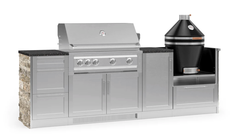 Outdoor Kitchen Signature Series 8 Piece Cabinet Set with 3 Drawer, 1 Door, Kamado and Platinum Grill - Granite top