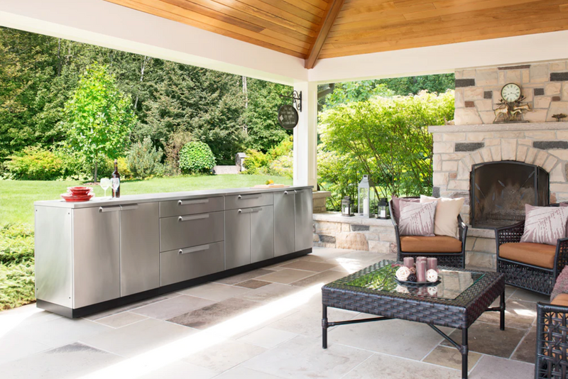 Outdoor Kitchen Stainless-Steel 5 Piece Cabinet Set with 3-Drawer, Bar, Grill Cabinet, Performance Grill and Countertop
