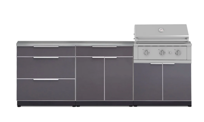 Outdoor Kitchen Aluminum 5 Piece Cabinet Set With 3 Drawer, Bar, Grill Cabinet, Performance Grill and Countertop