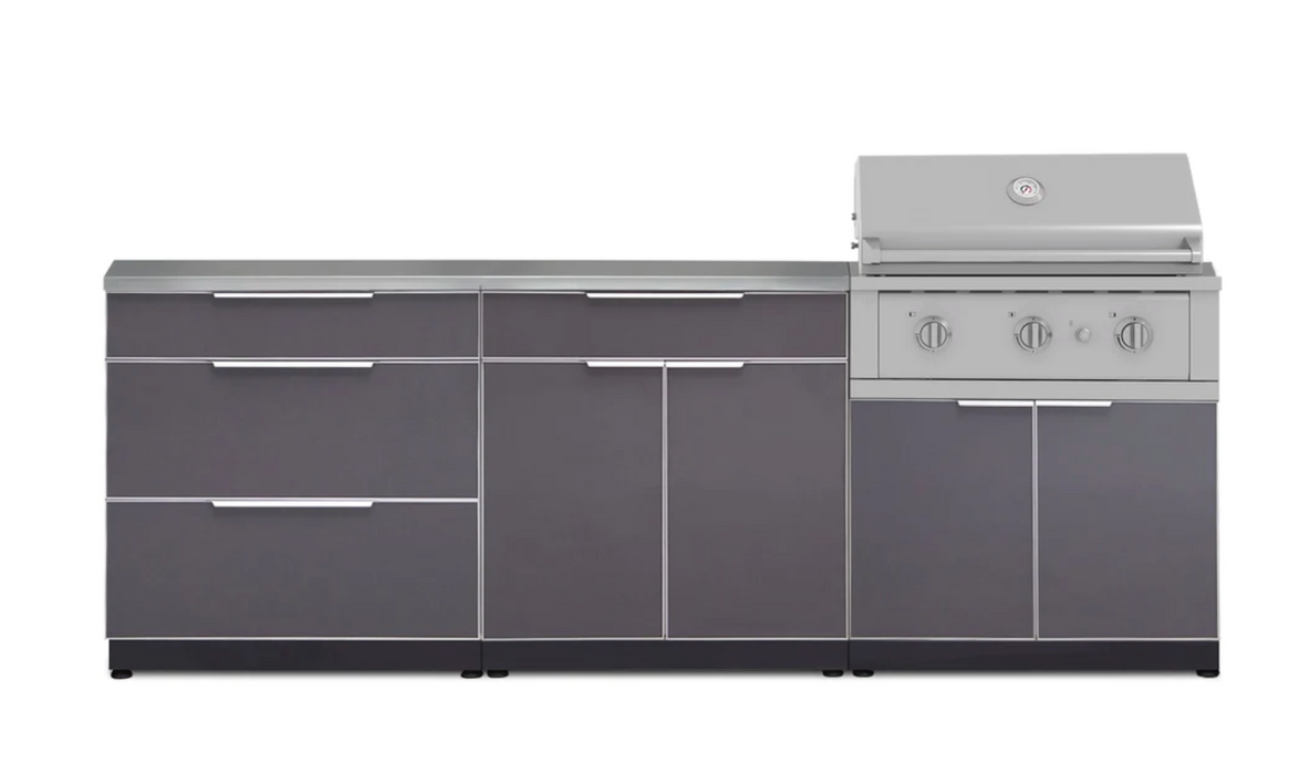Outdoor Kitchen Aluminum 4 Piece Cabinet Set with 3-Drawer, Bar and Grill Cabinet + Countertop
