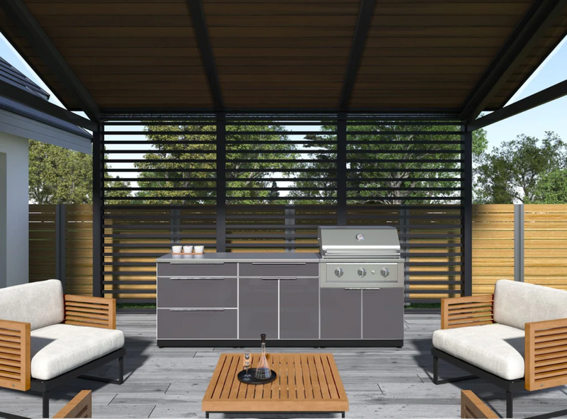 Outdoor Kitchen Aluminum 5 Piece Cabinet Set With 3 Drawer, Bar, Grill Cabinet, Performance Grill and Countertop