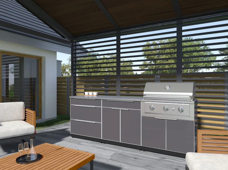 Outdoor Kitchen Aluminum 4 Piece Cabinet Set with 3-Drawer, Bar and Grill Cabinet + Countertop