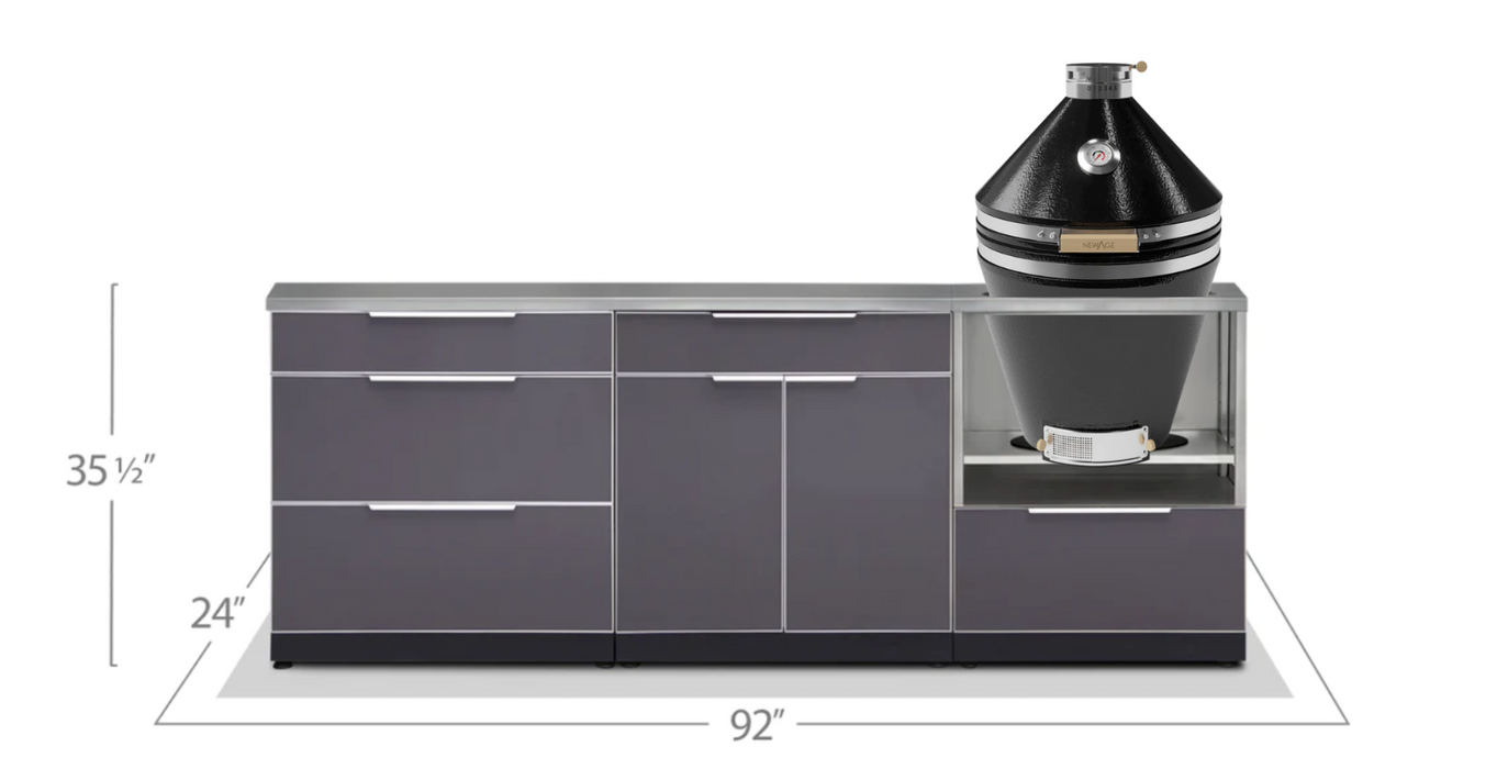 Outdoor Kitchen Aluminum 4 Piece Cabinet Set with 3-Drawer, Bar and Kamado Cabinet + Kamado + Countertop