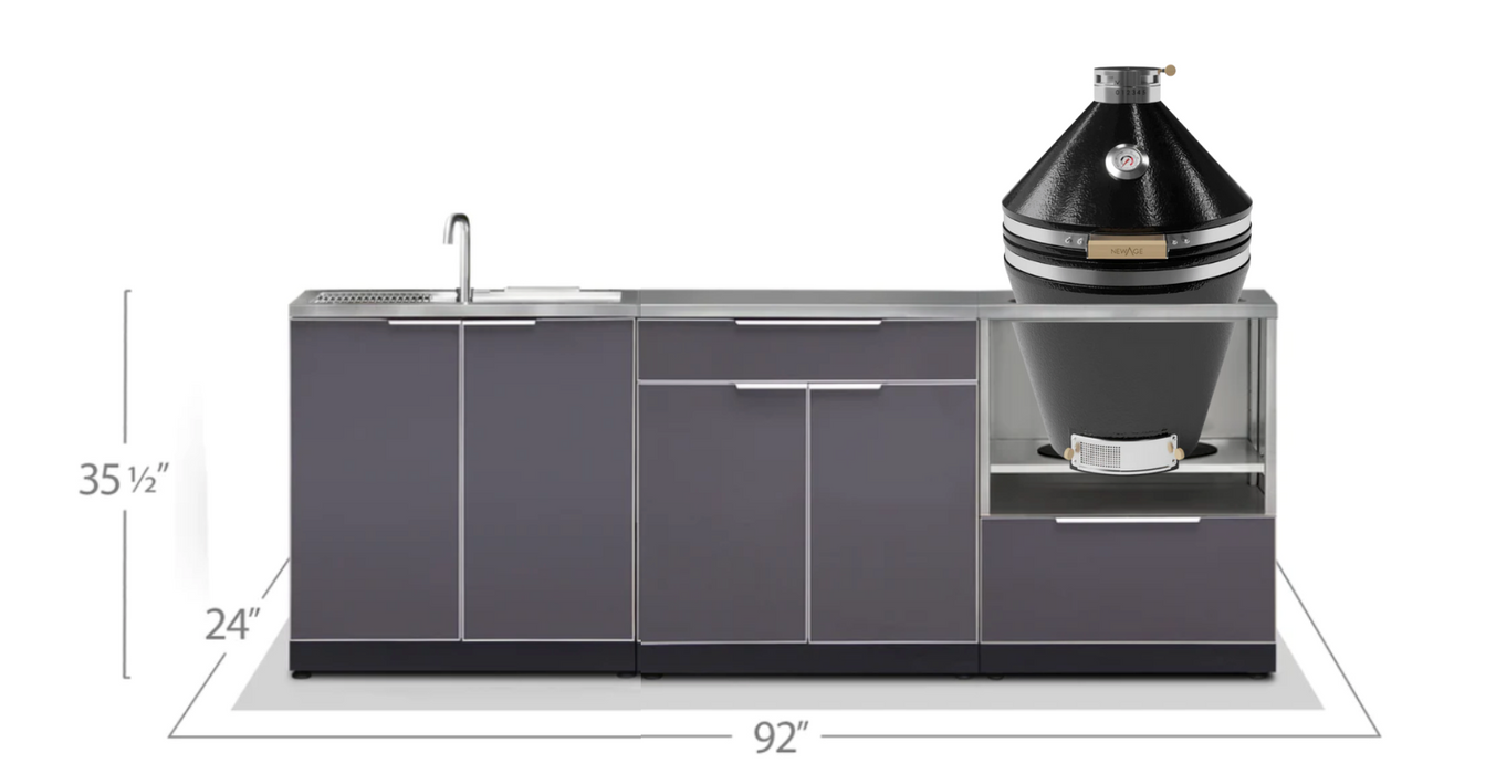 Outdoor Kitchen Aluminum 4 Piece Cabinet Set with Bar, Sink and Kamado Cabinet + Kamado + Countertop