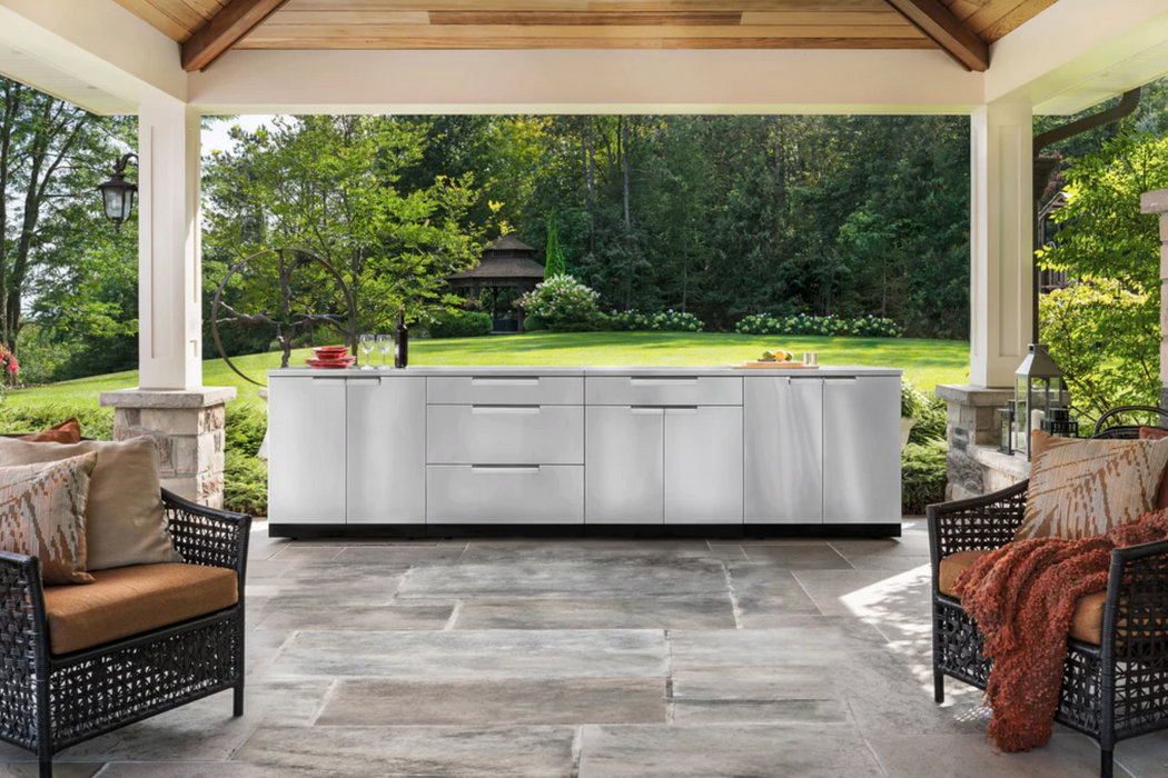 Outdoor Kitchen Stainless Steel 4 Piece Cabinet Set with 3-Drawer, Bar and Kamado Cabinet + Kamado