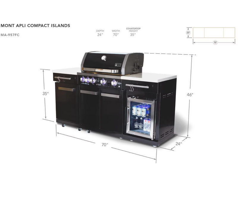 Mont Alpi 957 Propane Island W/ Compact Refrigerator, Infrared Rear Burner & Rotisserie Kit - MA-957FC