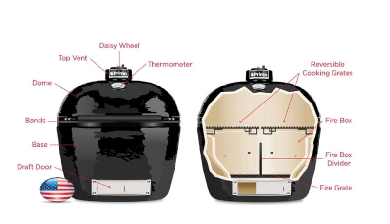 Primo Oval Large 400 Ceramic Kamado Grill On Steel Cart With 2-Piece Island Side Shelves And Stainless Steel Grates