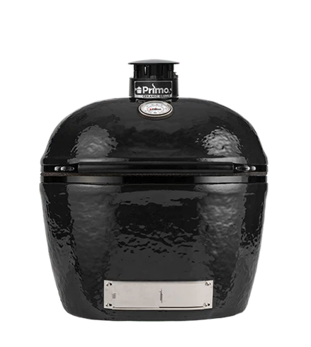 Primo Oval Large 400 Ceramic Kamado Grill On Steel Cart With 2-Piece Island Side Shelves And Stainless Steel Grates