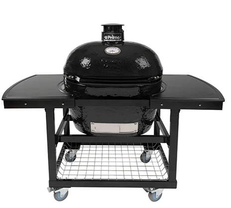 Primo Oval Large 300 Ceramic Kamado Grill On Steel Cart With 2-Piece Island Side Shelves And Stainless Steel Grates