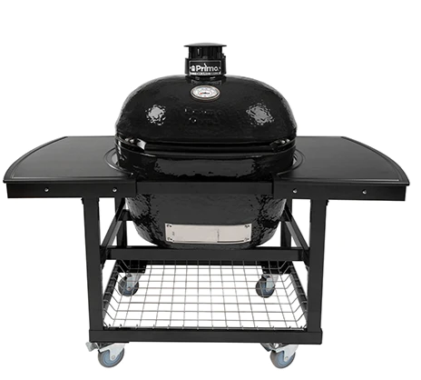 Primo Oval Large 400 Ceramic Kamado Grill On Steel Cart With 2-Piece Island Side Shelves And Stainless Steel Grates
