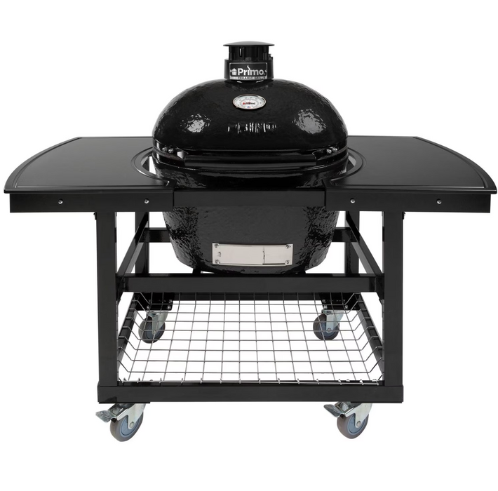 Primo Oval Large 400 Ceramic Kamado Grill On Steel Cart With 2-Piece Island Side Shelves And Stainless Steel Grates