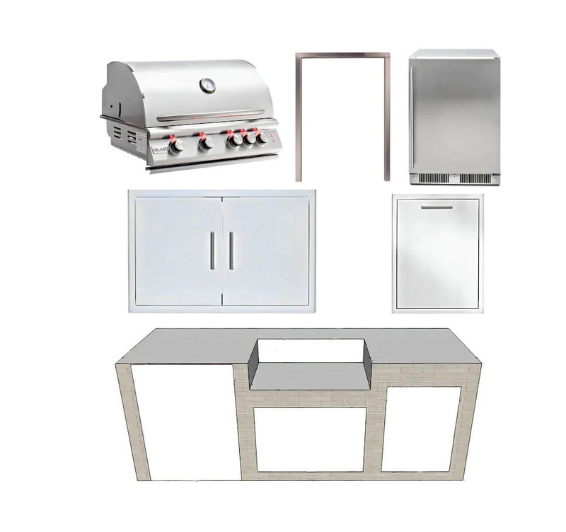 EZ Finish Systems 8 Ft Ready-To-Finish Grill Island with Blaze Premium LTE 32-Inch Grill, Refrigerator, Double Door, and Trash Drawer