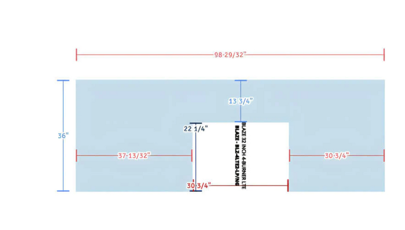 EZ Finish Systems 8 Ft Ready-To-Finish Grill Island with Blaze Premium LTE 32-Inch Grill, Refrigerator, Double Door, and Trash Drawer