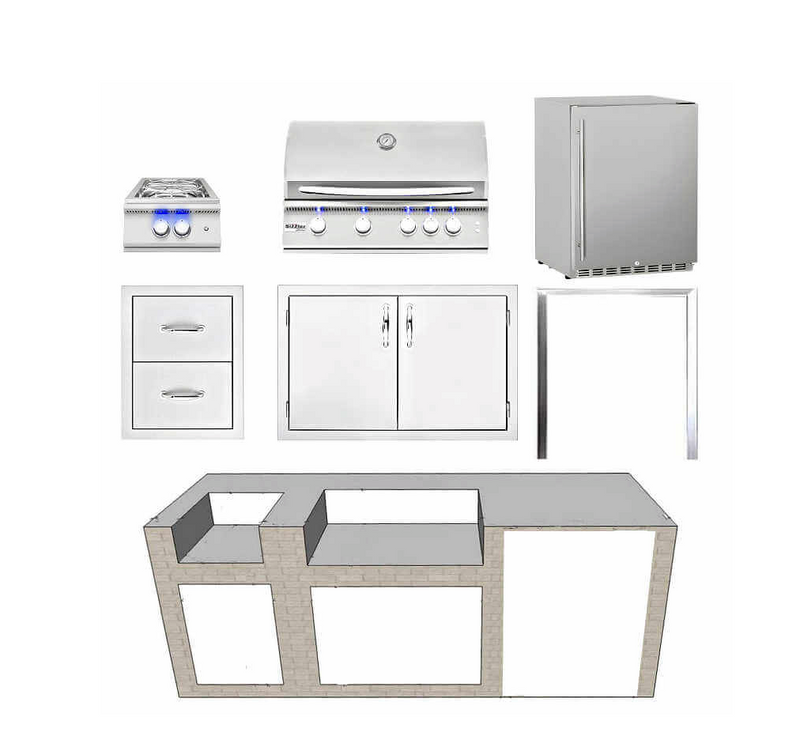 EZ Finish Systems 8 Ft Ready-To-Finish Grill Island with Summerset Sizzler Pro 32-Inch Grill, Power Burner, Double Door, Double Drawer, and Refrigerator