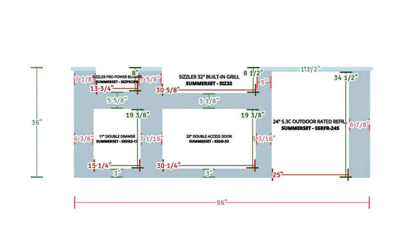 EZ Finish Systems 8 Ft Ready-To-Finish Grill Island with Summerset Sizzler Pro 32-Inch Grill, Power Burner, Double Door, Double Drawer, and Refrigerator