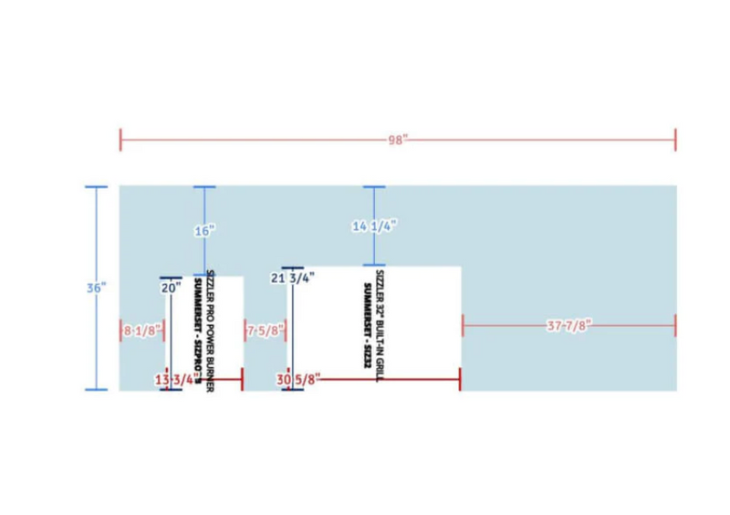 EZ Finish Systems 8 Ft Ready-To-Finish Grill Island with Summerset Sizzler Pro 32-Inch Grill, Power Burner, Double Door, Double Drawer, and Refrigerator