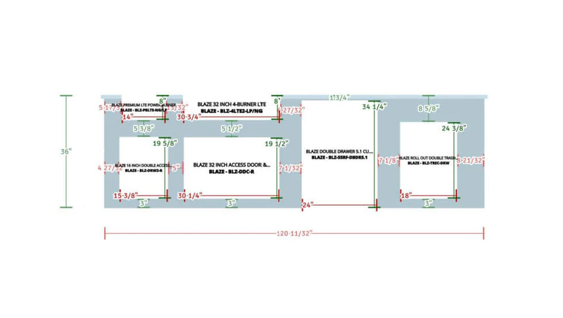 EZ Finish Systems 10 Ft Ready-To-Finish Outdoor Grill Island with Blaze Premium LTE 32-Inch Grill, Power Burner, Combo, Double Drawer, & 2-Drawer Refrigerator