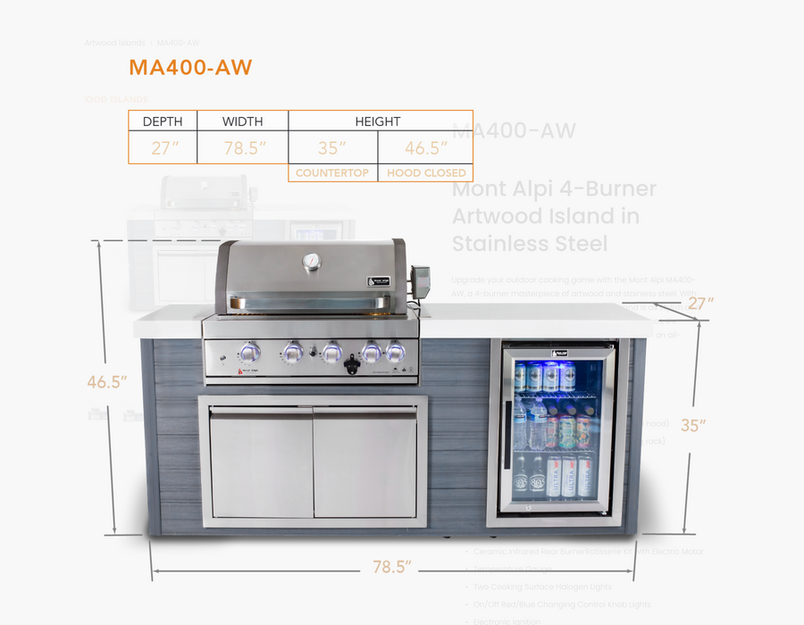 Mont Alpi 4-Burner Artwood Island in Stainless Steel - MA400-AW