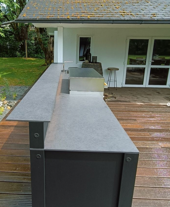 Belmento Flammkraft Gray Outdoor Kitchen 134" With Black Dekton worktop + Back Raisers with lead lights