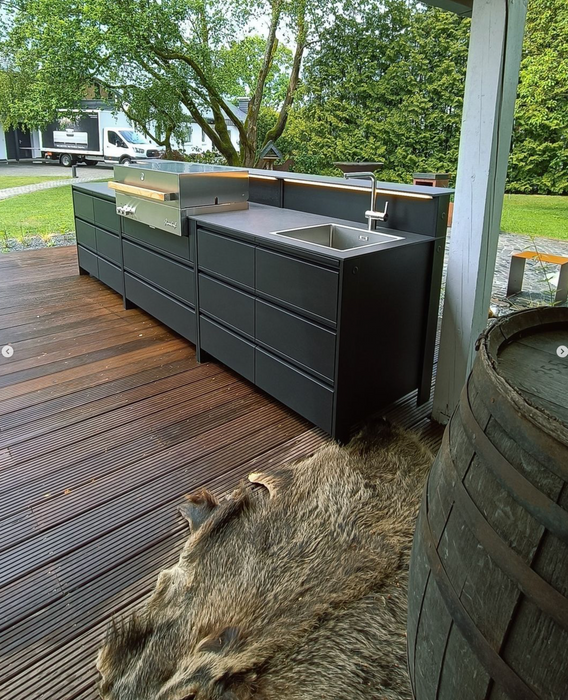 Belmento Flammkraft Gray Outdoor Kitchen 134" With Black Dekton worktop + Back Raisers with lead lights