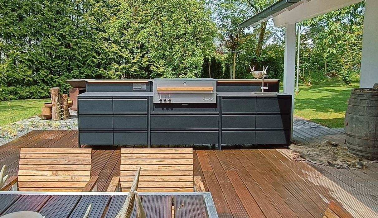 Belmento Flammkraft Gray Outdoor Kitchen 134" With Black Dekton worktop + Back Raisers with lead lights