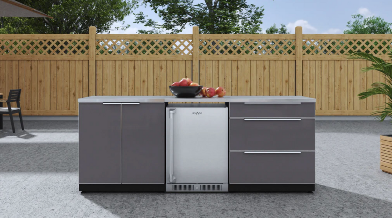 Outdoor Kitchen Aluminum 5 Piece Cabinet Set with 3-Drawer, Sink Cabinet, Countertops and Fridge