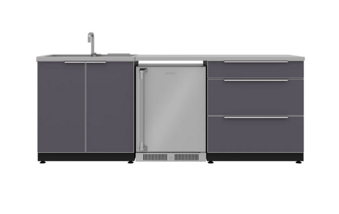 Outdoor Kitchen Aluminum 5 Piece Cabinet Set with 3-Drawer, Sink Cabinet, Countertops and Fridge