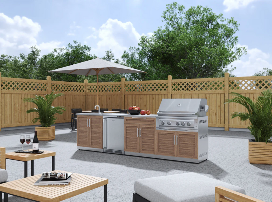 Outdoor Kitchen Stainless Steel Piece Cabinet Set with Sink, Bar, Grill Cabinet, Platinum Grill, and Fridge