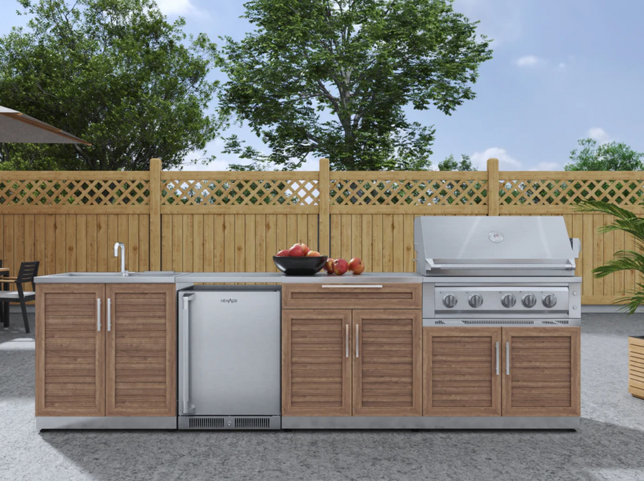 Outdoor Kitchen Stainless Steel 6 Piece Cabinet Set with Sink, Bar, Grill Cabinet, Platinum Grill, Countertop and Fridge