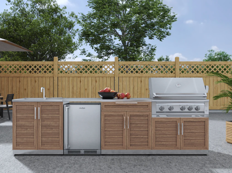 Outdoor Kitchen Stainless Steel 6 Piece Cabinet Set with Sink, Bar, Grill Cabinet, Platinum Grill, Countertop and Fridge