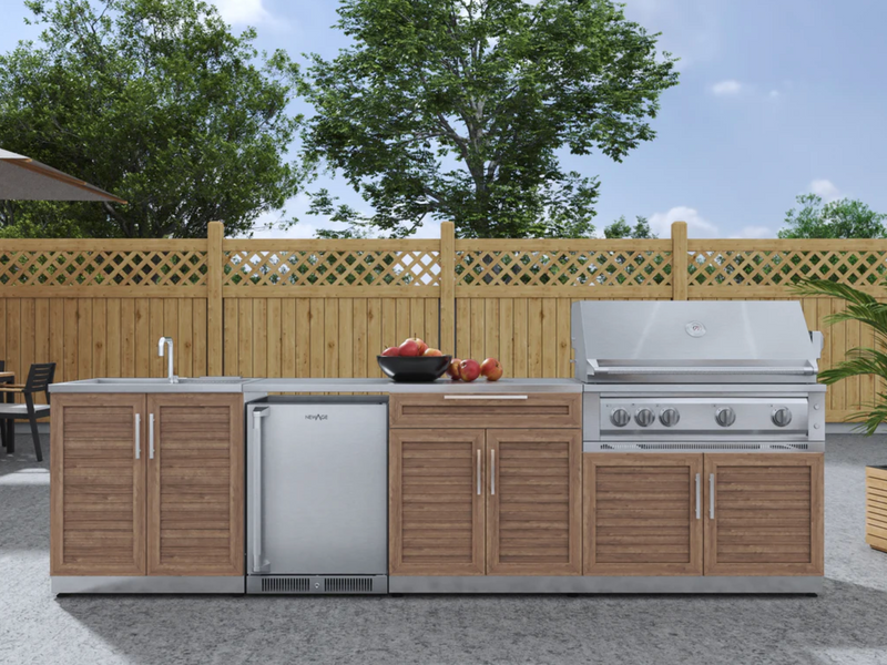 Outdoor Kitchen Stainless Steel 6 Piece Cabinet Set with Sink, Bar, Grill Cabinet, Platinum Grill, and Fridge
