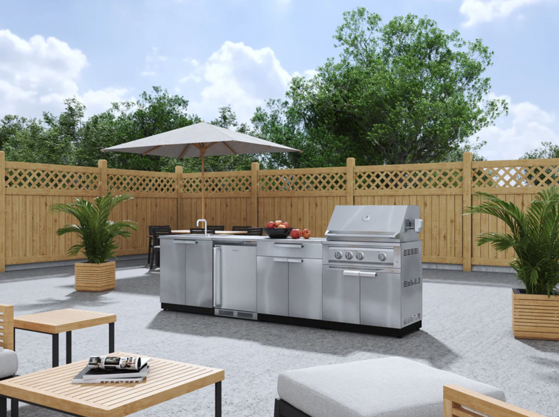 Outdoor Kitchen Stainless Steel 6 Piece Cabinet Set with Sink, Bar, Grill Cabinet, Platinum Grill, Countertop and Fridge