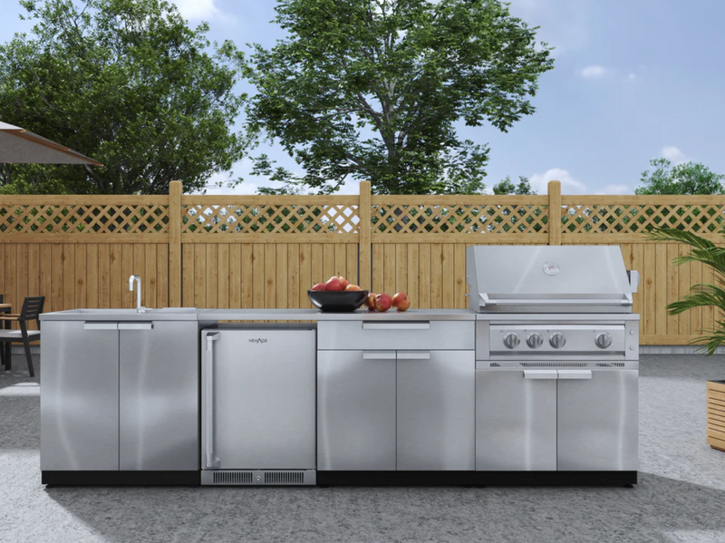 Outdoor Kitchen Stainless Steel 6 Piece Cabinet Set with Sink, Bar, Grill Cabinet, Platinum Grill, Countertop and Fridge
