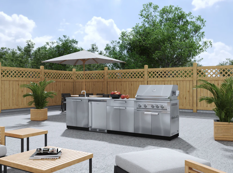 Outdoor Kitchen Stainless Steel 6 Piece Cabinet Set with Sink, Bar, Grill Cabinet, Platinum Grill, Countertop and Fridge