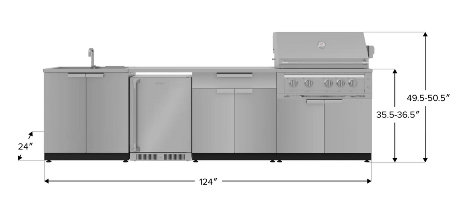 Outdoor Kitchen Stainless Steel 6 Piece Cabinet Set with Sink, Bar, Grill Cabinet, Platinum Grill, Countertop and Fridge