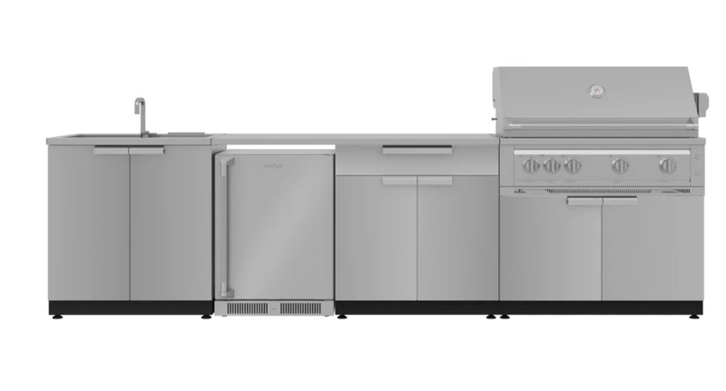 Outdoor Kitchen Stainless Steel 6 Piece Cabinet Set with Sink, Bar, Grill Cabinet, Platinum Grill, Countertop and Fridge