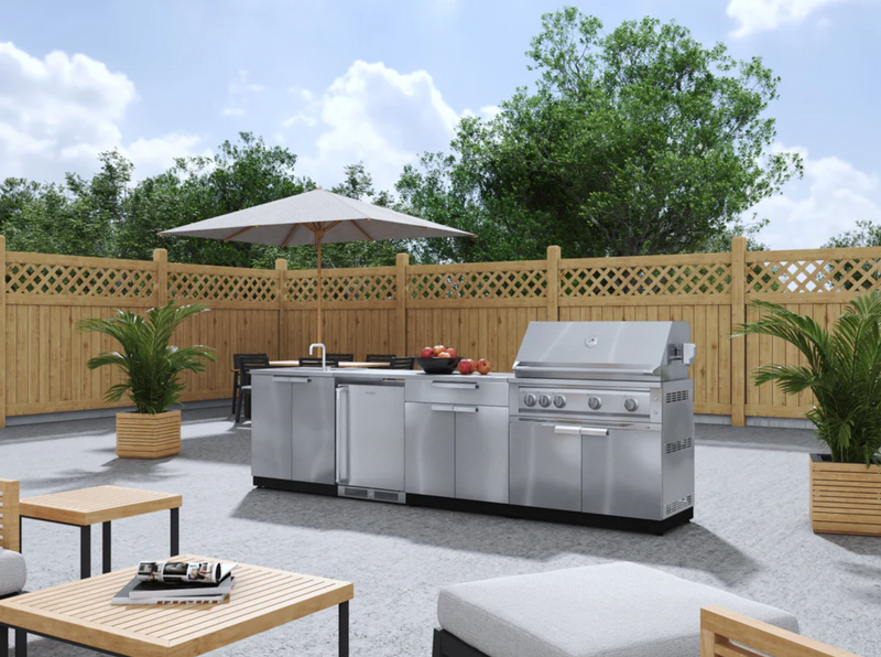 Outdoor Kitchen Stainless Steel 6 Piece Cabinet Set with Sink, Bar, Grill Cabinet, Platinum Grill, Countertop and Fridge