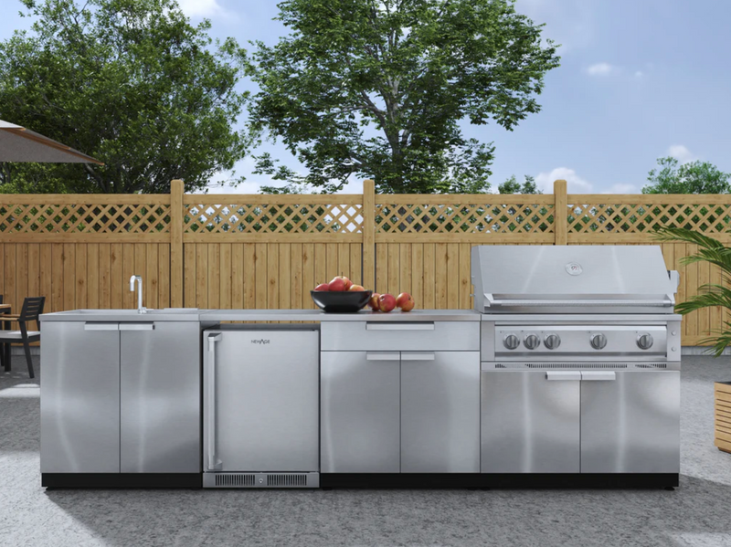 Outdoor Kitchen Stainless Steel 6 Piece Cabinet Set with Sink, Bar, Grill Cabinet, Platinum Grill, Countertop and Fridge