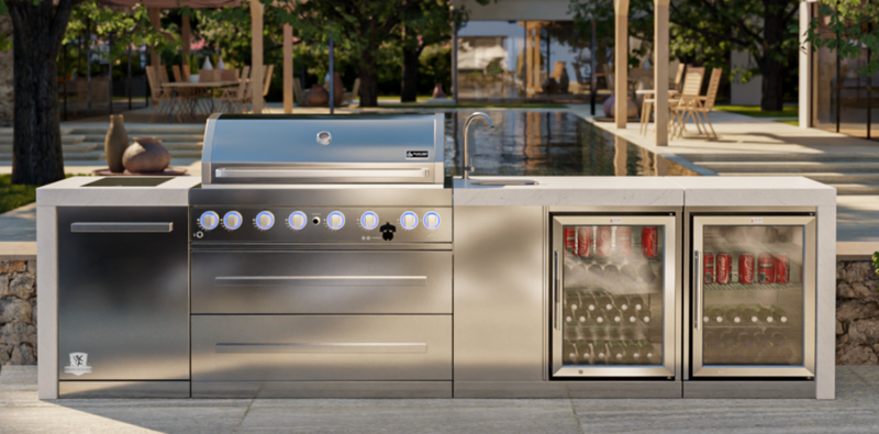 Mont Alpi 6-burner Deluxe Island with a Beverage Center And Fridge Cabinet MAi805-DBEVFC 132''