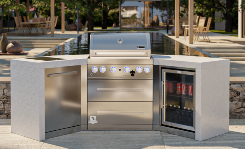 Mont Alpi 4-burner Deluxe Island with 45-Degree Corners and a Fridge Cabinet MAi400-D45FC - 106''