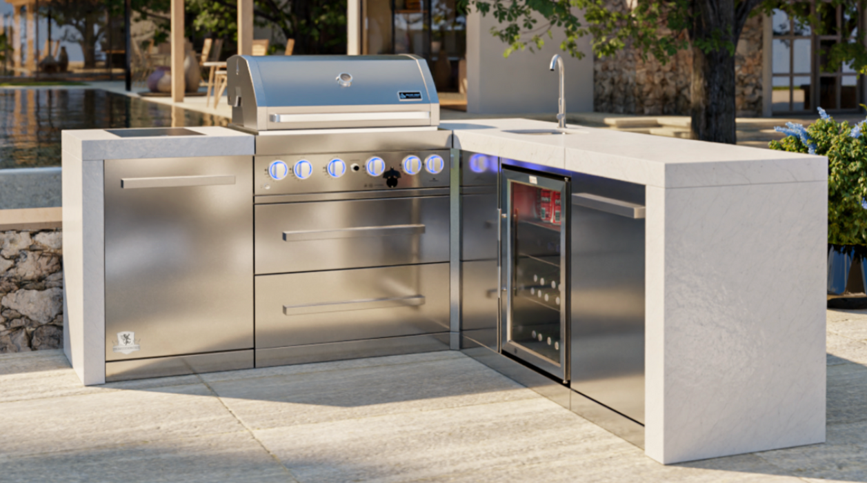 Mont Alpi 4-burner Deluxe Island featuring a 90-degree corner and beverage center MAi400-D90BEV - 82''-88''