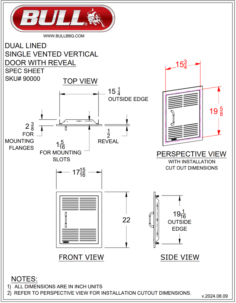 Bull 18-Inch Vented Stainless Steel Single Access Door W/ Reveal - Vertical - 90000
