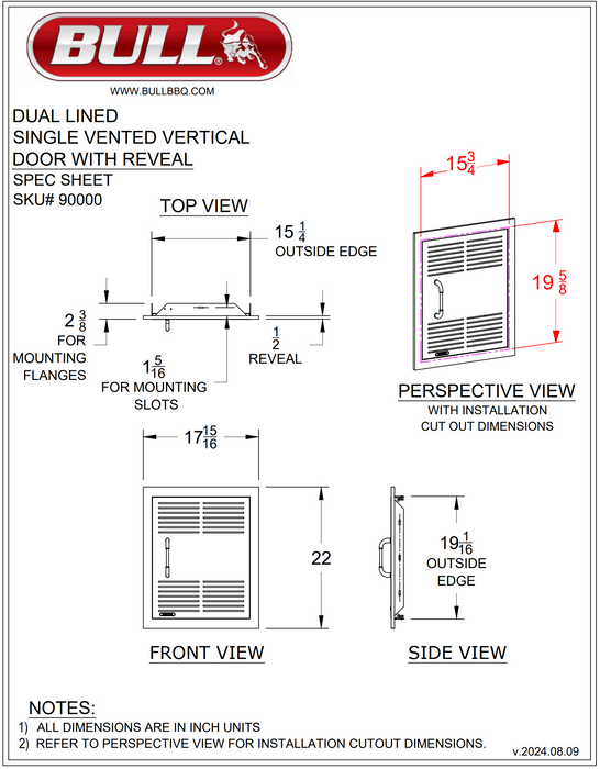 Bull 18-Inch Vented Stainless Steel Single Access Door W/ Reveal - Vertical - 90000